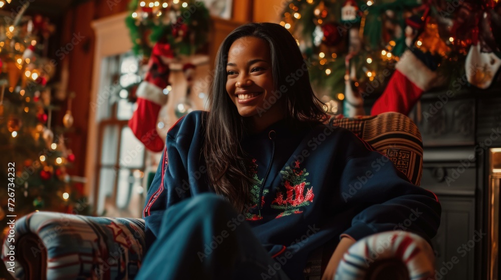 A woman sitting in a chair in front of a christmas tree. Generative AI.