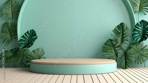 Wooden Platform Green Turqupoise Mint Petrol Aquamarine Smaragd Empty Blank Plate Podium Pedestral Table Stand Mockup Product Display Showcase Wood Surface Podest Presentation Pastel © ARTwithPIXELS