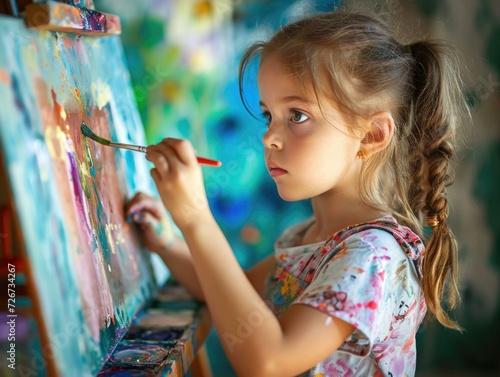 A young girl is painting on an easel. Generative AI.