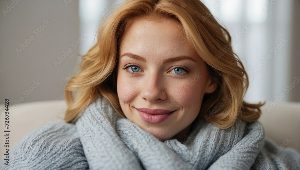Close-up of a young, attractive, ginger-haired white woman with blue eyes, wrapped in a cozy grey scarf, indoors. Close-up of a young, attractive, ginger-haired white woman with blue eyes, wrapped in a cozy grey scarf, indoors.