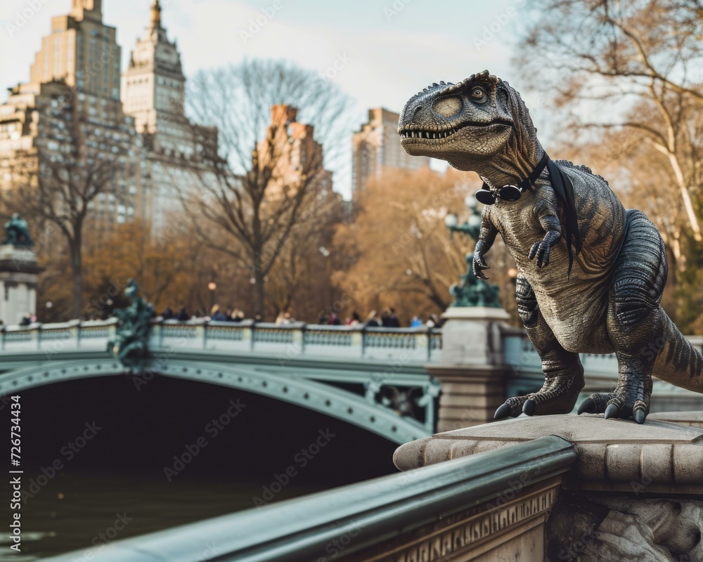 A dinosaur statue stands on a bridge in central park. Generative AI.