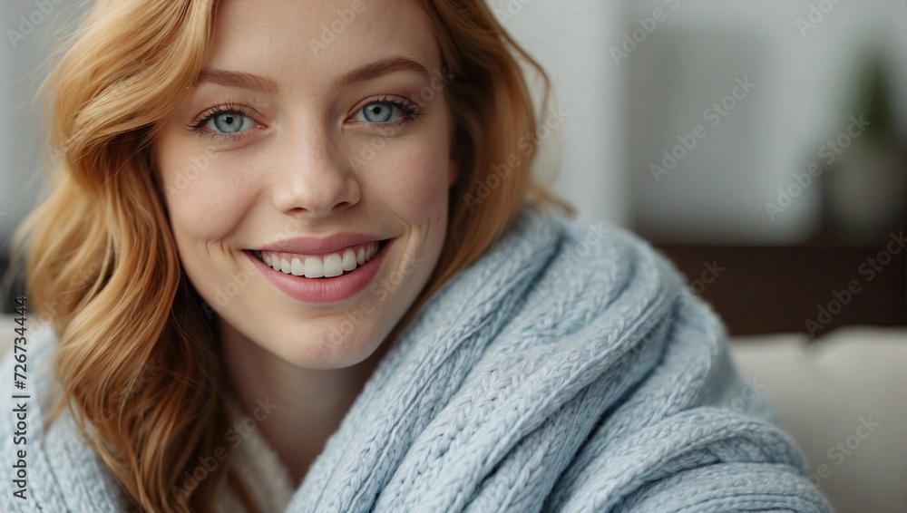 Close-up of a young, attractive redhead woman with blue eyes smiling warmly, wrapped in a cozy, textured grey knitted scarf, with a softly blurred modern interior background. Close-up of a young, attractive redhead woman with blue eyes smiling warmly, wrapped in a cozy, textured grey knitted scarf, with a softly blurred modern interior background.