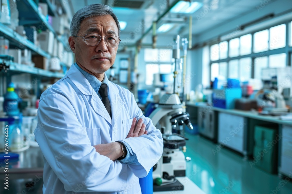 Fototapeta premium An asian man in a lab coat. Generative AI.