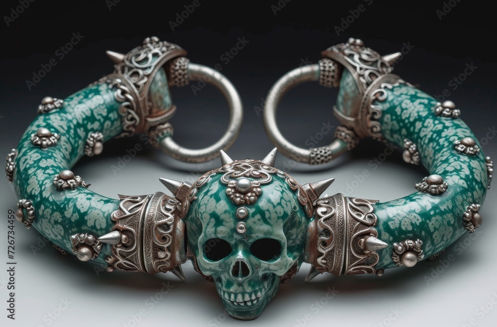 Bold and edgy, this skull-adorned bracelet exudes confidence and rebellious fashion with its beaded gemstones and turquoise accents, making it the ultimate body jewelry statement piece Bold and edgy, this skull-adorned bracelet exudes confidence and rebellious fashion with its beaded gemstones and turquoise accents, making it the ultimate body jewelry statement piece