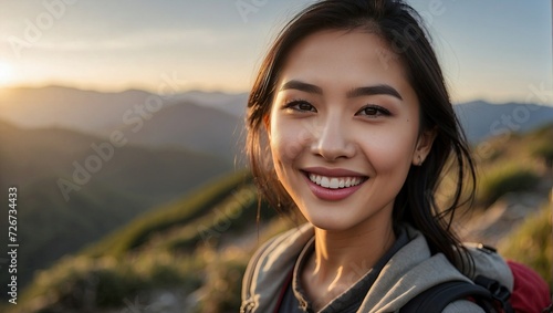 Close-up of a young Asian woman smiling outdoors with a mountainous backdrop, exuding warmth and happiness.