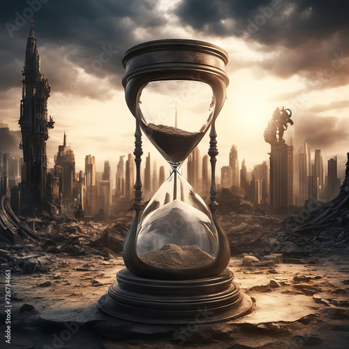 Hourglass in a destroyed city.