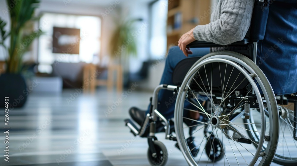 A person in a wheelchair is sitting in the middle of a hallway. Generative AI. A person in a wheelchair is sitting in the middle of a hallway. Generative AI.