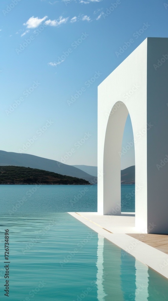 A white archway over a pool in front of a lake. Generative AI.