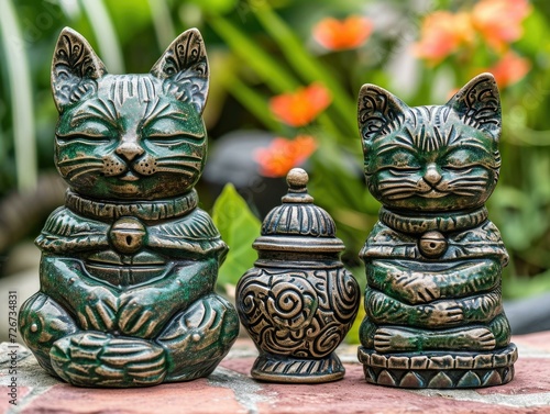 Three ceramic cat statues on a brick patio. Generative AI.