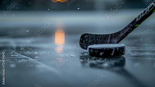 Black hockey stick and rubber puck on ice background. Closeup. photo