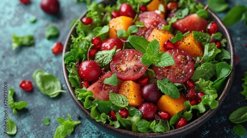  a close up of a bowl of food with tomatoes, cherries, spinach leaves, and cranberries.