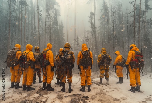 A dedicated group of firefighters braves the winter elements, their bright yellow uniforms standing out against the snowy landscape, as they work together to navigate through the thick fog and save l