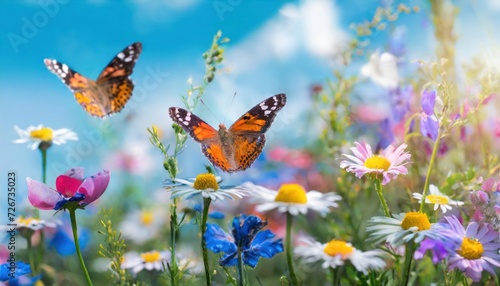 many colors butterflies flying in the summer garden , Beautiful field meadow flowers  © blackdiamond67
