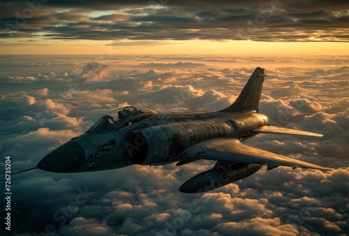A sleek military jet soars through the cloudy sky, its powerful wings cutting through the air as the sun sets on another day of aerospace engineering and air travel