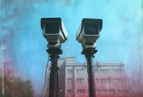 A dynamic juxtaposition of modern technology and traditional lighting, captured in a single frame by two towering cameras on poles against a backdrop of a glowing cityscape under a starlit sky photo