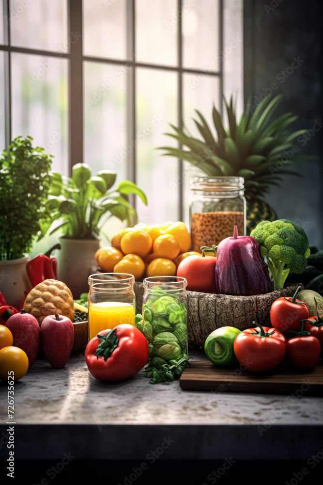 A vibrant array of assorted raw organic vegetables artfully arranged, enticingly promoting a healthy detox diet for a nutritious lifestyle. A vibrant array of assorted raw organic vegetables artfully arranged, enticingly promoting a healthy detox diet for a nutritious lifestyle.