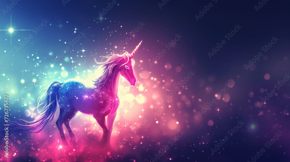  a pink and blue unicorn standing on top of a lush green and purple field of stars on a blue, pink, and purple background.