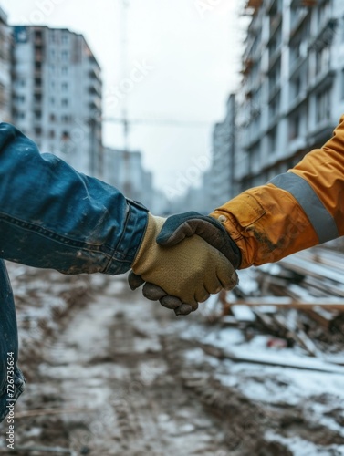 Two construction workers shaking hands in front of a building. Generative AI.