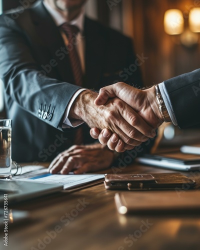 Two business people shaking hands over a table. Generative AI. photo