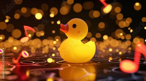 Picture of a toy duck on bokeh background, music notes and symbols all around. photo