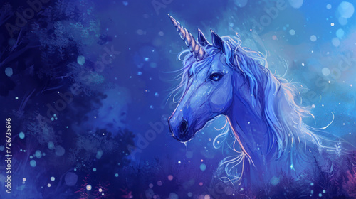  a painting of a unicorn s head with a long mane and a blue background with snow flecks.
