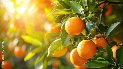  an orange tree with lots of ripe oranges hanging from it s branches with the sun shining through the leaves.