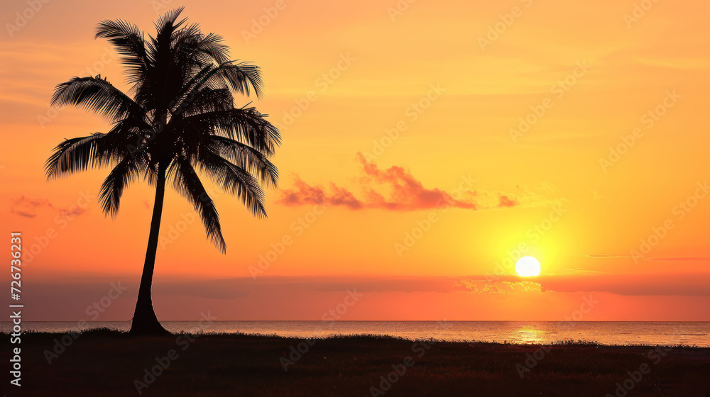  a palm tree is silhouetted against an orange and pink sunset on a beach with the ocean in the background.