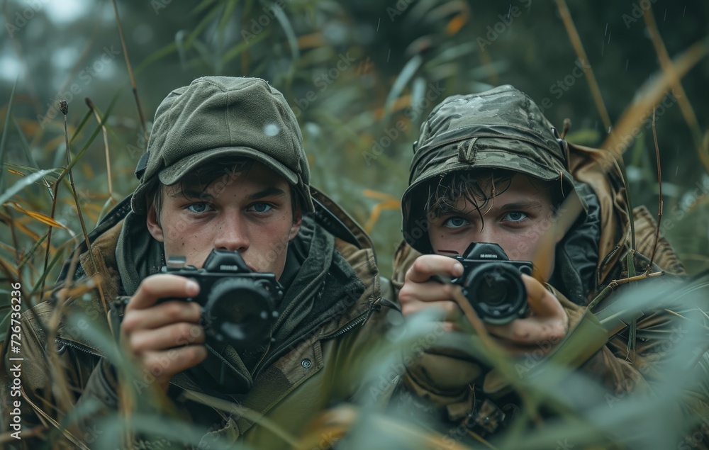 Two soldiers in full military gear, armed with rifles and cameras, stand stoically in the midst of nature, embodying the strength and precision of the armed forces while capturing the human faces and Two soldiers in full military gear, armed with rifles and cameras, stand stoically in the midst of nature, embodying the strength and precision of the armed forces while capturing the human faces and