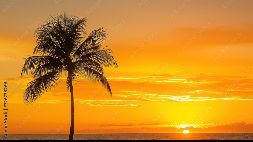  a palm tree is silhouetted against an orange and yellow sky as the sun sets on the horizon of the ocean.