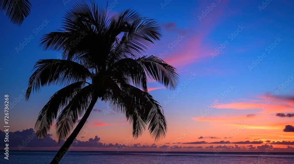  a palm tree sitting on top of a beach under a purple and blue sky with a sunset in the background.
