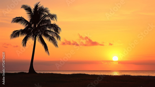  a palm tree is silhouetted against an orange and pink sunset on a beach with the ocean in the background. © Olga