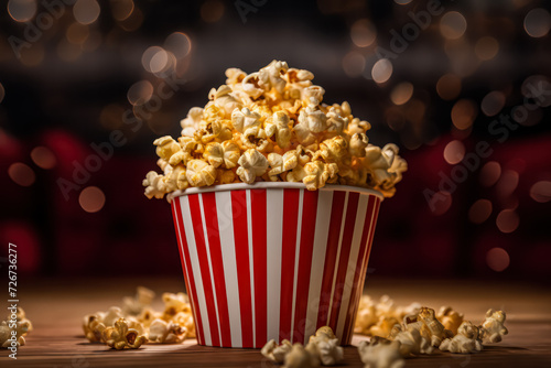 Indulge in the perfect movie night with enticing snacks. A close up view of delicious popcorn, elevating the cinematic experience.