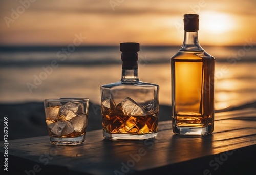 Bottle and glass of whisky on a table with beach sea and sunset behind