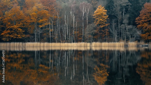  a body of water surrounded by trees with orange and yellow leaves on the top of the trees and bottom of the water.
