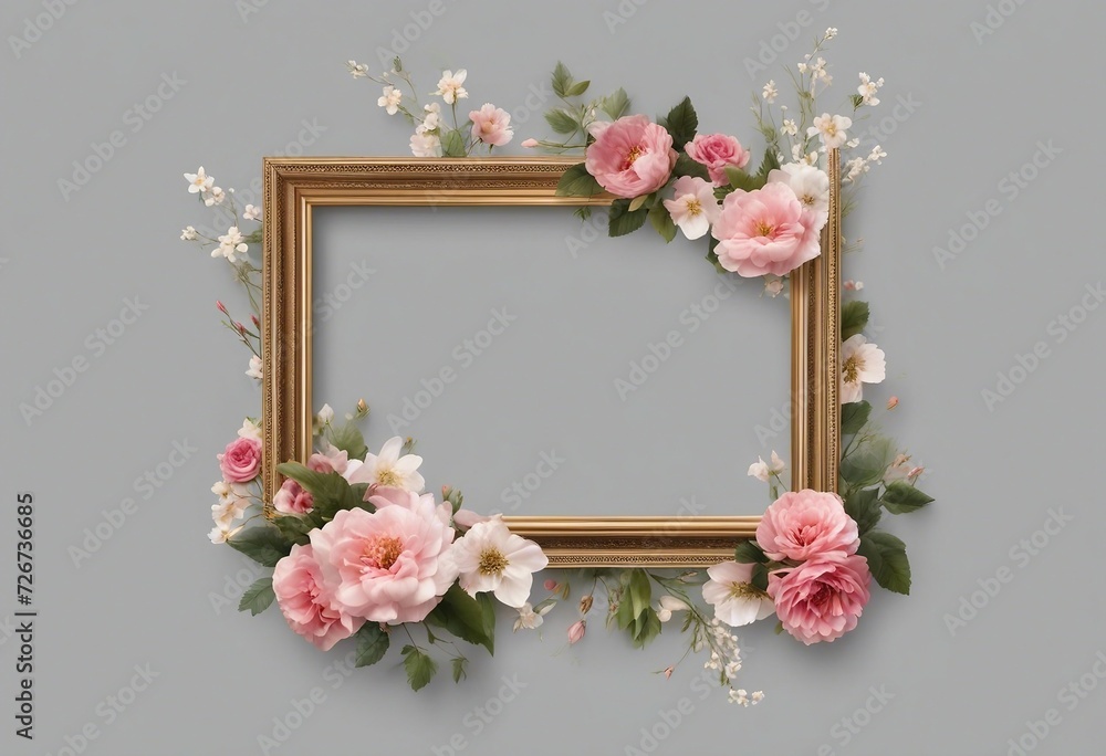 Blank painting frame template covered with flowers isolated on grey background Blank painting frame template covered with flowers isolated on grey background