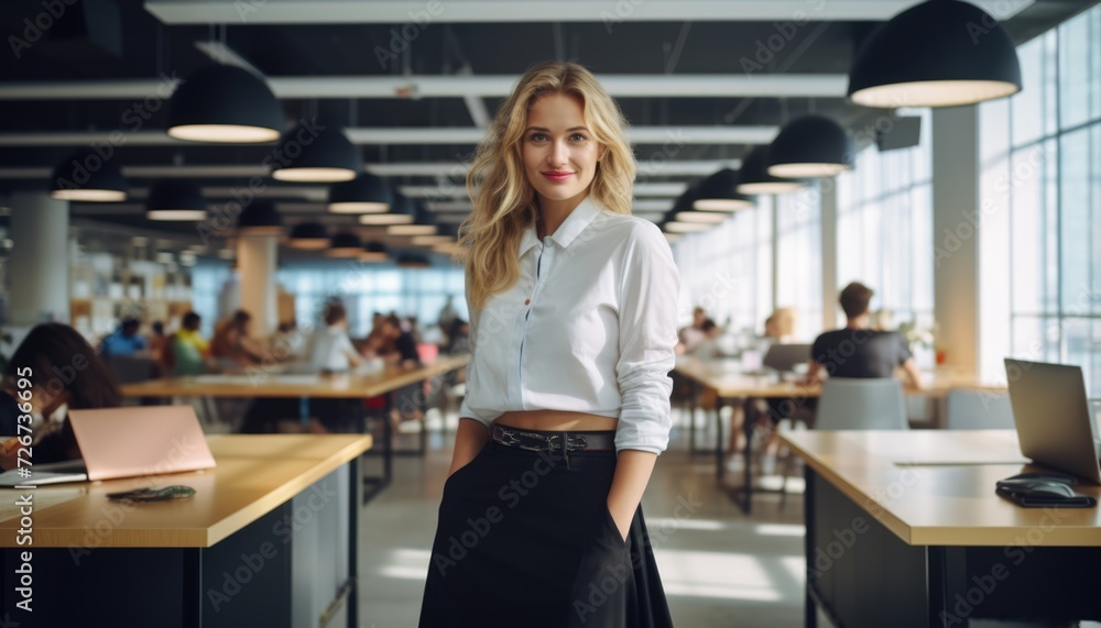 Office Happiness: Young Woman in her Late 20s Enjoying her Work in an Open Space Office Happiness: Young Woman in her Late 20s Enjoying her Work in an Open Space