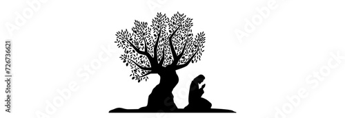 Jesus Christ prays in the Garden of Gethsemane near the olive tree.