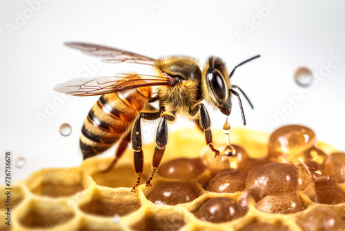 Explore the intricacies of nature with a captivating hexagon patterned honeycomb, featuring a diligent honey bee at work. A stunning close up view. © Людмила Мазур