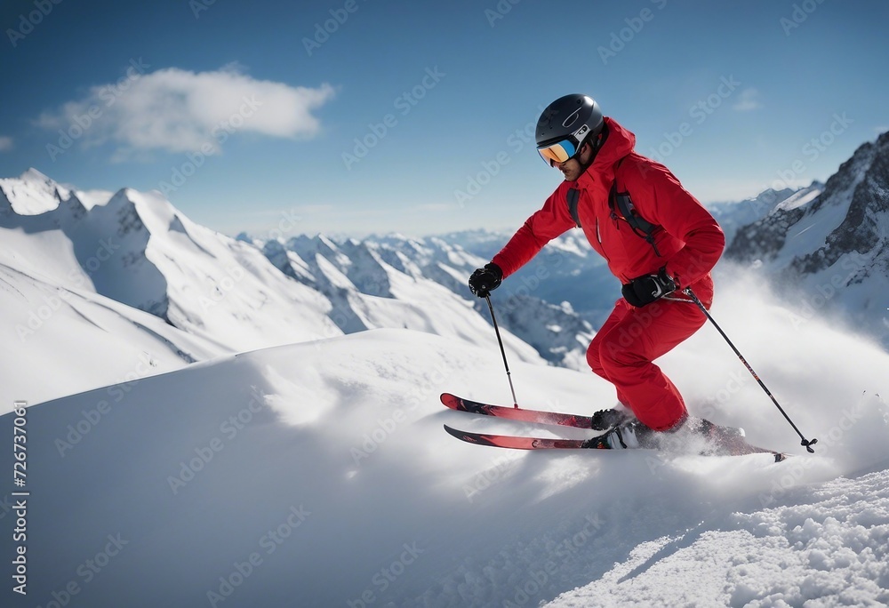 A sports photo of the skier skiing with red clothing and helmet on a snowy sunny mountain