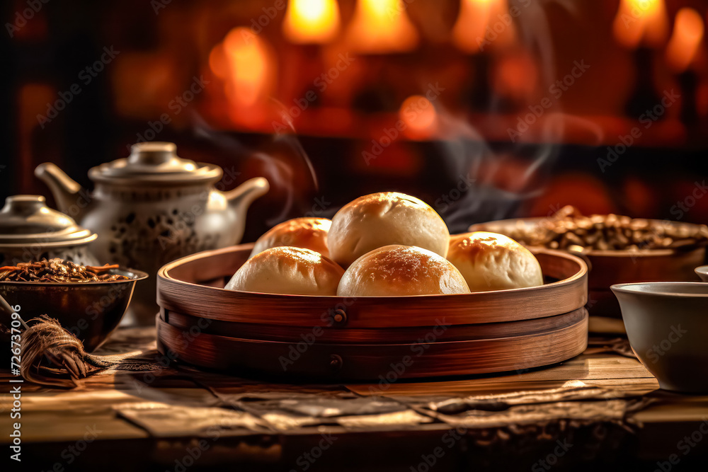 Obraz premium Capture the sizzling allure of Chinese meat pies on the grill with a tantalizing close up. Irresistible aroma and golden perfection in every detail.
