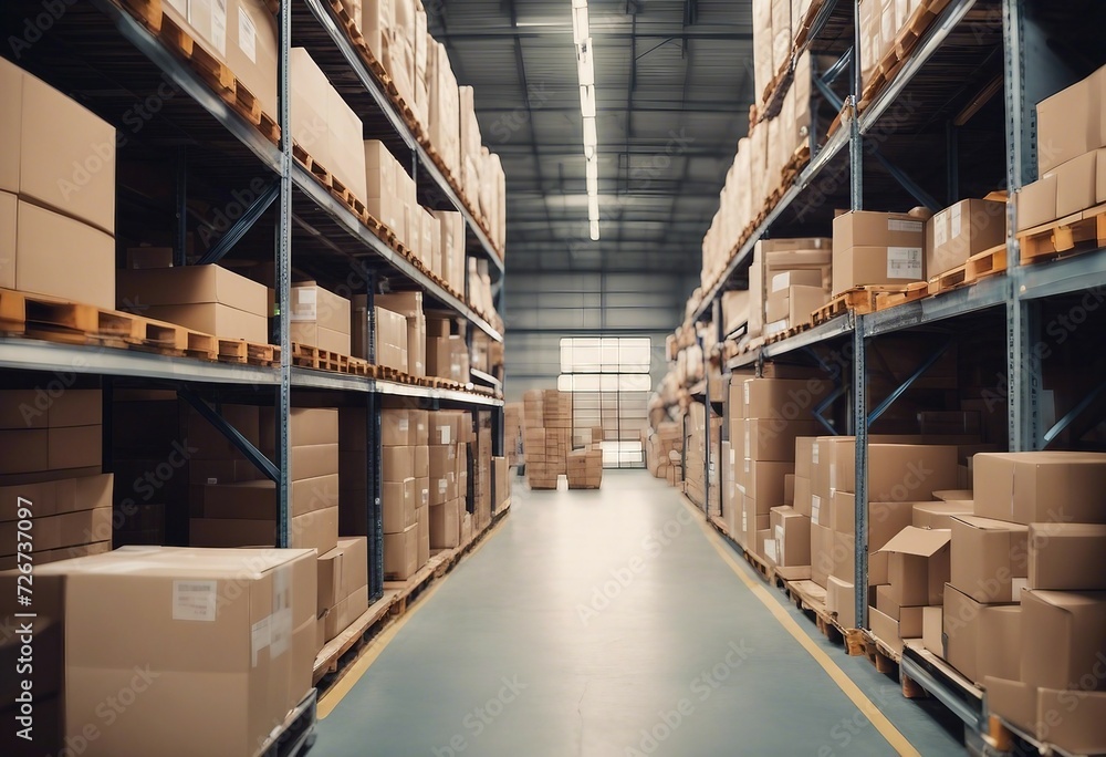 Vertical view of a retail warehouse full of shelves with carton boxes on pallets