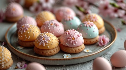 a plate of decorated cookies sitting on top of a table next to pink and blue eggs and pink and white flowers.