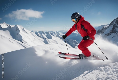A sports photo of the skier skiing with red clothing and helmet on a snowy sunny mountain