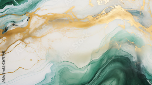 A HD close up of a minimalist acrylic marble painting. The painting is kept in black  white  emerald green and golden colors.