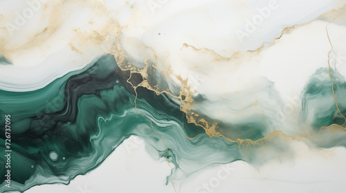 A HD close up of a minimalist acrylic marble painting. The painting is kept in black, white, emerald green and golden colors.
