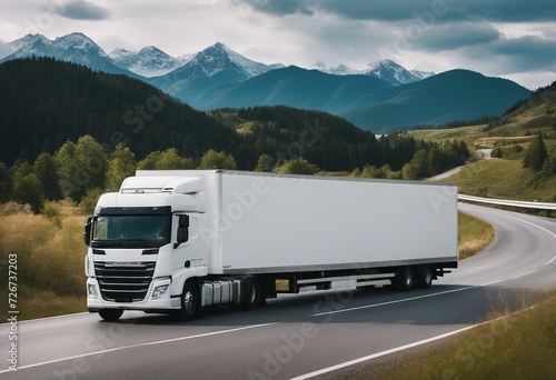 White cargo truck with a white blank empty trailer on highway road with beautiful nature mountains and empty road