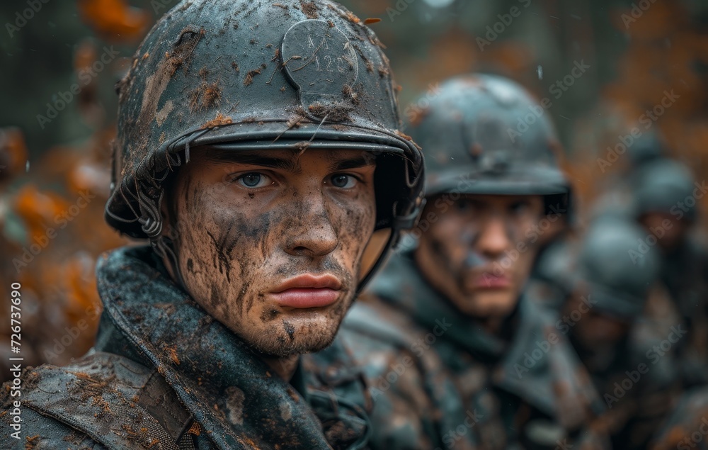 Brave soldiers stand tall, donning their camouflage uniforms and helmets, ready to defend their country and protect their brothers in arms Brave soldiers stand tall, donning their camouflage uniforms and helmets, ready to defend their country and protect their brothers in arms