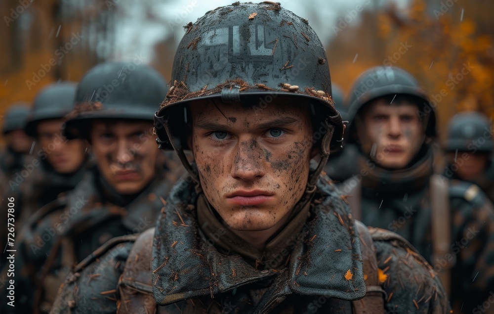 Naklejka premium A team of soldiers, clad in military uniforms and ballistic vests, stand strong and determined in their camouflage, ready for battle in the great outdoors