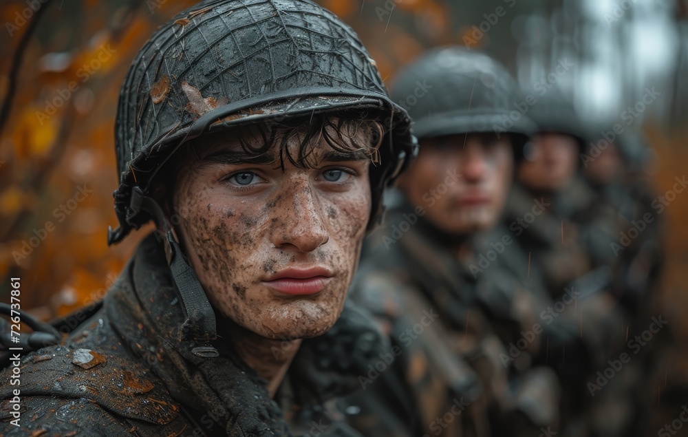 A fierce group of soldiers donning military helmets and camouflaged uniforms, exuding strength and determination in the face of battle