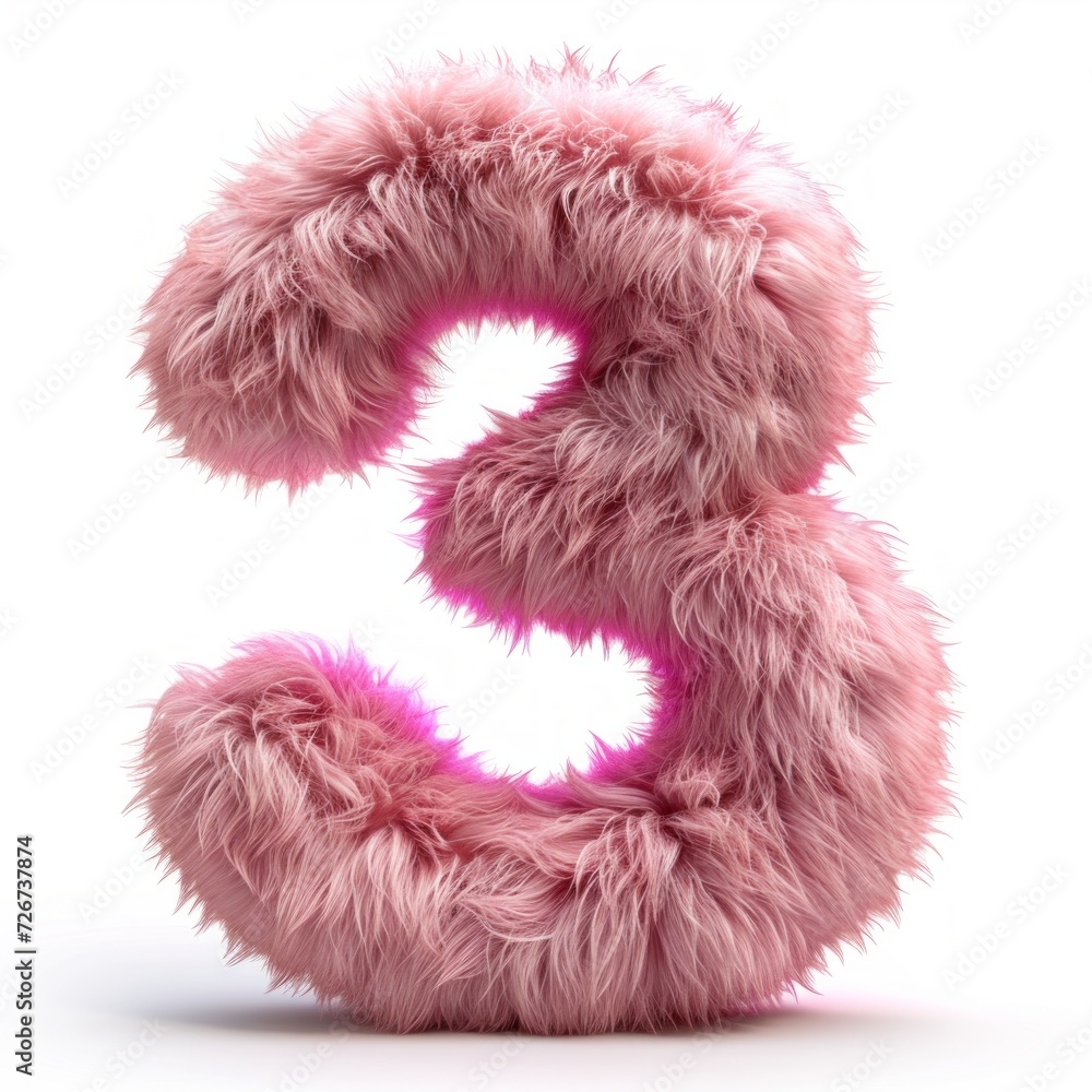 Pink fur number. Furry number 3, three isolated on white background. Pink fur number. Furry number 3, three isolated on white background.